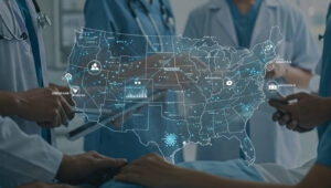 Hologram map of united states between doctors